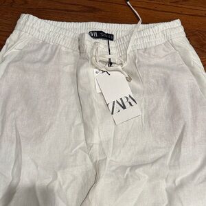 ZARA Cream Drawstring Linen-Blend Elastic Waist Pants